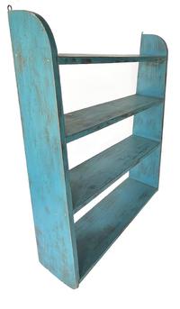 **SOLD** J249 19th century New England original blue painted hanging shelf boasting canted sides and mortised shelves. Measurements: 31 ¼ wide x 36 tall. 6 deep at top and 8 ¼ deep at bottom