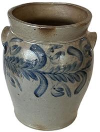 K1621 19th century cobalt blue decorated Stoneware Crock attributed to Remmey of Philadelphia, PA. Stamped 3. Some incised scarring prior to firing. Ovoid shape with tooled shoulder, grooved collar with flared rim and applied lug handles. Fantastic hand brushed Cobalt flowers and leaves encircle the crock along the shoulder. Circa 1840s-1860s.   Measurements: 9 top diameter x 13" tall.  