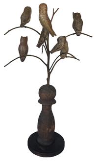 K1793 American, 20th Century Folk Art Owl Tree, with seven different beautifully hand carved and polychrome painted wooden Owls resting on steamed and bent branches. Mounted in a multi-tiered turned base for display.  Signed, and branded on bottom, "Ken Kirby". This Owl tree stands 27 ½ tall. It is 17 ½ across at the widest branches. (Bottom of base measures 8" diameter). Each of the owls vary in length from ~3 ½ to 4 ¾ long.  