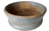 **SOLD** K1655 Thick wooden turned bowl bearing original gray painted surface. Turned from a single piece of wood. Bowl was used extensively for chopping and bears natural patina interior with great wear indicative of years of use. Measurements: 9 ¾ top diameter x 9 ½ bottom diameter x 3 ½ tall.  