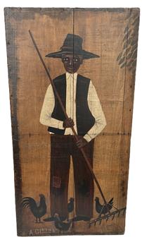 K1809 - Folk Art oil painting by Arthur E. Glazier (East Berlin, Pennsylvania, 1928-2015) depicting a black Man with very detailed facial features wearing a large hat, long-sleeved work shirt, vest and patched trousers. The gentleman is holding a wooden rake with a rooster and chickens surrounding his feet. This wonderful artwork is hand painted on a reclaimed wooden typeset tray and is prominently signed A. Glazier at the bottom. Measurements:  16 ½ wide x 1 ¼ thick x 32 ¼ tall.     