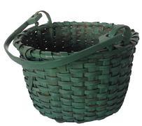 A162 19th century wonderful original green painted hickory splint swag handle Basket from the collection of Prof. Charles Thomas  in Leymaster Pennsylvania. This wonderful original green painted Basket has a single wrapped rim, , the handle is steamed and bent and hand carved,