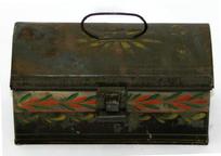 **SOLD** V65 19th century small paint decorated Toleware Box , with wonderful mustard and green and red decorations, it is all original with no paint touch ups Measurements are:7" wide x 3 1/2" tall x 3" deep