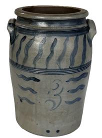 K1807 19th century Pennsylvania Cobalt Blue decorated 3 gallon crock attributed to Richard C. Remmey of Philadelphia, PA. The tall, cylindrical form with tooled shoulder boasting beautiful  cobalt accented incised rings and applied lug handles is adorned with cobalt stripes and a fancy script 3. Measurements: 8 top diameter x 8 ½ bottom diameter x 14 tall.   