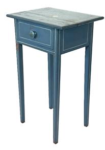 **SOLD** K1534 Late 19th Century Pennsylvania blue painted and decorated one drawer stand with pinstripe and floral decoration and one dovetailed drawer resting on tall, delicate Hepplewhite tapered legs. Square head nail construction with the apron being mortised and pegged into the legs. Very sturdy. Circa 1880s. Measurements: 17 ¾ wide x 13 ½ deep x 29 tall.  