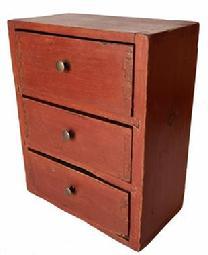 G923 Set of three drawers in old dry red paint. Square nail construction with dovetailed case and dovetailed drawers. The stretchers are also dovetailed into the case. Very sturdy. Image Properties