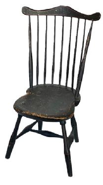 S574 New England Fan Back Windsor Chair, early black paint with red pin striping and 7 spindles forming Fan Back support. Sausages turned legs joined by H stretcher support the seat, circa 1790 -1800. Signed P.P. underneath. Measures:  15 ½ seat to the floor x 36 ¼ tall back. 