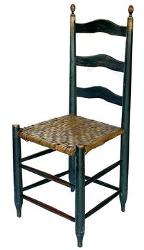 K7 Early 19th Century 3 slat ladderback chair in original beautiful blue painted surface with nicely turned finials and a mustard painted woven seat. Seat has minor losses. Measurements: 37" tall x 14 ½ deep x 17" wide.