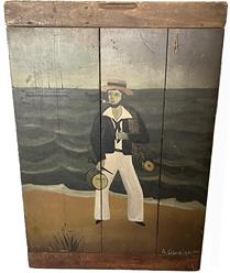 **SOLD** K1802 Folk Art Oil Painting of Sailor  Said to be one of his earlier artworks, it is painted on a reclaimed wooden bread board and depicts a Sailor on the shoreline holding his gear with a 3-masted wooden ship in the background. Signed and dated A. Glazier 1977 in the lower right-hand corner. Arthur E. Glazier (1928-2015) was from East Berlin, Pennsylvania. Measurements:16 ¾ wide x 5/8 thick x 24 tall. 