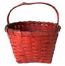 G393 Quaint small sized berry gathering basket in old lipstick red paint. The 5 square base gradually tapers to an 8 1/2 wide circular opening. Single wrapped rim with tightly woven sides.