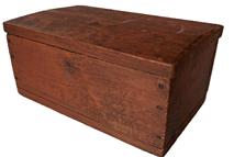 **SOLD** K1728 Sturdy 19th century original red painted storage box. Natural patina interior. Square head nail construction with original hinges. The wood is pine. 