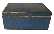 RM1567 Original blue painted dovetailed storage box with carved handles on each end. Natural patina interior. Measurements: 12 3/8" wide x 8 3/4" deep x 5 1/2" tall. The wood is 7/8" thick.