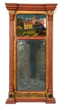 RM1205 Wonderful Lancaster County, Pennsylvania Federal mirror with reverse painting of a Home with a Widows Watch, tree and water. Beautifully painted frame with bittersweet red painted crown molding and fluted pillar columns along the sides, with yellow grain paint decorated accents.