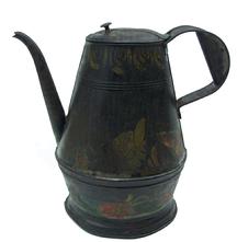 W359 Late 18th century painted and decorated Toleware Coffee Pot A tapering cylindrical body with  hinged lid, strap handle and curved spout and black-painted body embellished with floral decoration circa 1820