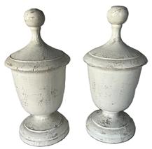 **SOLD** K1771 Pair of large size solid wooden architectural finials bearing several layers of white paint. Found in Pennsylvania. Each finial measures 6 ¼ bottom diameter x 15 tall.   