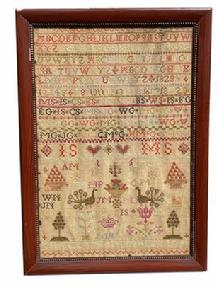 **SOLD** G353 Exquisite Family sampler wrought by Charlotte Smith, FEB 1829 This remarkable Sampler features two dates (1828 and 1829), bands with four full sets of repeating Alphabets, a band of numbers 1 - 20, as well as spot motifs that include multiple hearts