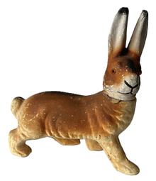 J50B Early 20th century German Rabbit Candy Container - made of a paper mâché / composite material (not flocked) and painted to mimic a tri-colored rabbit (brown/white/black) in a walking pose.  Removable head with glass eyes.  Good condition with very minor losses. Circa 1920-1930s. Approximate measurements:  6 ½ long x 2 wide x 6 ½ tall  