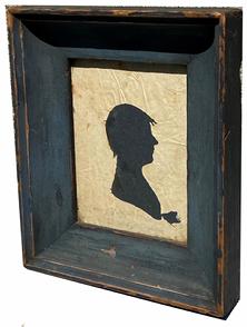 G339 Early 19th century , beautiful original  blue painted frame . with a Silhouette of a young Boy IN PROFILE WITH FINE CUT DETAILS.AMERICAN, Circa 1820-1840