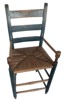 K1517 Beautiful 19th century original blue painted ladderback Merchant's Chair with rush seat and great wear. Measurements: 16 ½ wide across front x 14 deep x 36 tall (back) x 26 tall (front). The seat is 20 tall.  