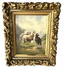 J193 Late 19th century oil painting of Sheep mounted in its original shadowbox gesso frame with identifying brass name plate that bears the same name, J. Willett, that is signed on bottom left of the painting.