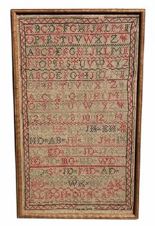 X15 Early 19th century Sampler stitched by Alison Duncan constructed of primarily red and green, with a small amount of black threads, stitched onto linen fabric. Features rows of repeating alphabets in capital letters with bands of geometric shapes separating each row. A nicely stitched zig-zag border encompasses the entire sampler. There are thirty-four (34) sets of initials hand stitched in the lower half of the sampler, just above the makers name. Provenance on back indicates this Sampler was purchased from an Estate sale in Frederick Maryland in March 1991. Measurements: 10 3/8" wide x 17 3/8" tall (framed)