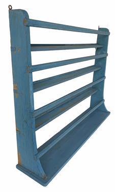 G320 EARLY19th CENTURY HANGING PLATE RACK., the wood pine. hanging shelves with plate racks, Original blue paint ,the rails are mortised into the sides .  34"h. 41 1/2"w. 9"d.