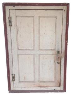 O189 18th century New England hanging corner cupboard with original oyster white and red paint. Circa 1780 Very unusual interior with butterfly shelves and a drawer below. The door is full mortised and pegged construction with brass  H  hinges. 