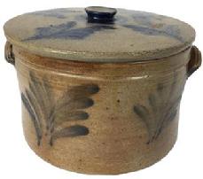 D410 Pennsylvania stoneware lidded cake crock, 19th c., with cobalt foliate sprays, Measurements are: 7" high , 10 1/2" dia.