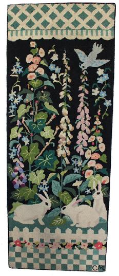 D93 Early 20th Century Americana   Folk Art Hooked Rug,  , Beautiful hand made hooked rug with three Bunnies in a flower garden , with blue bird ,The rug has been professionally cleaned and mounted on frame.