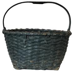 K1625 Exceptional 19th century tightly woven splint gathering basket bears its original dark Windsor green painted surface and a hand carved, steamed and bent, notched handle with notched grip. The two sturdy, hand-hewn, steamed and bent rims encircling the top are single wrapped and secure. Measurements:  Top opening is 16 ½ x 15 diameter. The 8 ½ tall sides taper down to a 10 square bottom. Overall height is approximately 15 ½ tall including handle.   