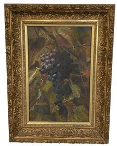 F275 Beautifully framed still life of Grapes on the Vine with detailed foliage in background. Very nice play of light on the upper left quadrant of the grapes as well as the foliage in that area. Unsigned. Iron Brackets on back of canvas are imprinted: PAT FEB 1883 JUNE 1885 A.D.S..