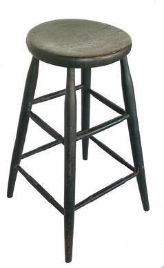 **SOLD** G65 19th century tall stool with the old dry green paint , over the original red with a thick round top and great splay to legs. circa 1860. 