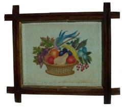 X252 19TH CENTURY WATER COLOR THEOREM ON VELVET OF BIRDS AND FRUIT IN A BASKET Measurements are: 14" x 12"