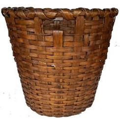 J394 Sturdy, tall, round, hand-woven oak splint field basket featuring a double steamed and bent, double wrapped rim. Bumped up bottom for ventilation. Tightly woven with an open weave area on each side to provide handles at the top. From a collection in York, PA. Measurements: 18 diameter (top) x 13 diameter (bottom) x 17 tall