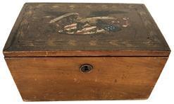 RM1112A Patriotic 1850-60s Civil War Era document box with original Eagle and Flags hand painted on lid. Original key and working lock. Measurements: 4 5/8 tall x 8 1/2" wide x 5 1/8" deep