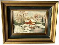 **SOLD** J191 Wonderful small sized framed painting depicting a quaint snowy landscape featuring a house by an ice-covered pond hosting nine people ice skating. Oil on artist board signed by artist Eleanor Morehouse (1939  2020 of Somerset N.J.) in the lower left corner. Framed Measurements: 10 3/8 wide x 8 3/8 tall x 1 ½ deep. The artist board measures 7 wide x 4 5/8 tall.  