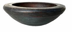 **SOLD** RM1367 Early 19th century hand turned wooden bowl retaining its old blue paint. . Thick walled with incised rings around the inner and outer edge of the rim. Evidence of slow turnings and nice wear visible on the outside.