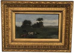 F17 Late 19th century Painting oil on canvass of Cows in pasture, with split rail fence in back ground also with flying geese in the sky. Mounted in the original gold gilt frame .