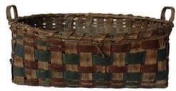 C477 Gathering Basket from West Virginia, with steamed and bent and notched handles with a single wrapped rim,  with green and red bands woven into the sides, has a break in the wrapping around the rim.