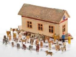 E210 GERMAN PAINTED WOOD NOAH'S ARK TOY WITH MINIATURE FIGURES, each piece with painted finish, ark having hinged roof with canvas supports, figures comprising two humans and various animals including a giraffe, camel, cow, donkey, and zebra. Unmarked.