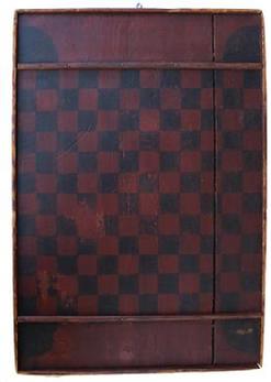 C212 Mid 19th century New England Game Board,painted red black ,on two boards held in place with wooden pegs, applied molding with square head nails, with a fan painted in each corner 