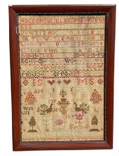 G353 Exquisite Family sampler wrought by Charlotte Smith, FEB 1829 This remarkable Sampler features two dates (1828 and 1829), bands with four full sets of repeating Alphabets, a band of numbers 1 - 20, as well as spot motifs that include multiple hearts, flowers, a very detailed cat, bowl of fruit, chickens, peacocks, trees, a crown.... and an astounding 46 sets of initials! 