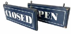   H282 Pair of double-sided wooden signs depicting "OPEN and CLOSED" The words are painted in bold white letters on a dark blue background. The words are surrounded by a thin white painted border on both sides. Very thick and well made with nice, molded edges on all sides. The signs each retain two early metal hooks along the top sides for hanging.   Each sign measures 17 ½ wide x 7 1/4  tall x 1 ¾ thick.