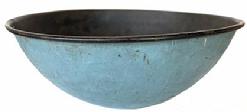 H440 Mid 19th century unusual metal Bowl with the original robin egg blue painted exterior and black painted interior, found in Ohio.