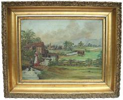 D220 Oil on canvas Countryside scene, with the original gold gilt frame , this painting has been cleaned and  professionally restored. circa 1880 Measurement  33" wide x 27" tall 3 3/4" deep 