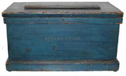 B109 19th century  pine tool chest having a single sliding tray,  ca. 1860 lid with applied panel, a molded base and retaining the original painted surface with stenciled name Denton Stake, 