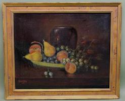 A104 Late 19th century American Oil Painting is on stretched canvas. Depicting a Stillife of a bowl of fruit and a vase it is signed the lower left hand corner C. H. Bracken 1912.