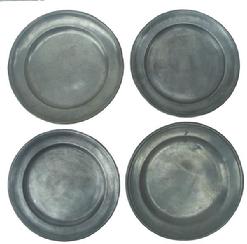 X467 4 pewter plates ca. 1800- 1850; pair of single reed rim plates with worn impressions of German quality marks, 8 ½diameter, single reed rim pewter plate with 1R and Poseidon, 8 5/8diameter , single reed rim pewter plate with double BL mark, 8 7/8diameter;