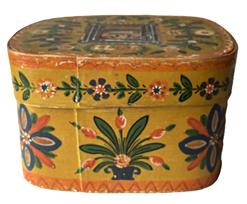 K1573 19th century Pennsylvania-German vibrantly painted and decorated steamed and bentwood box dated 1877 on top. Beautiful hand-painted floral motifs surround all sides as well as the top of the lid. A center medallion on the lid encases the name Anna and a saying written in German.The snug fitting lid on this sturdy box opens to reveal clean natural interior.