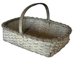 **SOLD** K1624 19th century original white painted rectangular woven splint gathering basket with hand carved and notched handle and a single wrapped rim. Very heavy construction and tightly woven. Measurements: 15 ½ long x 11 ½ wide x 8 ¾ tall at handle. Sides are 4 tall. 